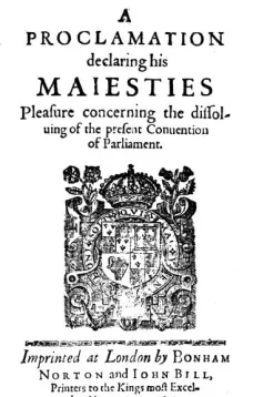 A Proclamation Declaring His Majesties Pleasure Concerning the Dissolving of the Present Convention of Parliament